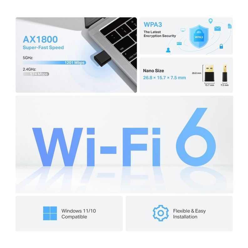 Adaptador USB Inalambrico Wifi 6 Nano Archer TX20U AX1800-2