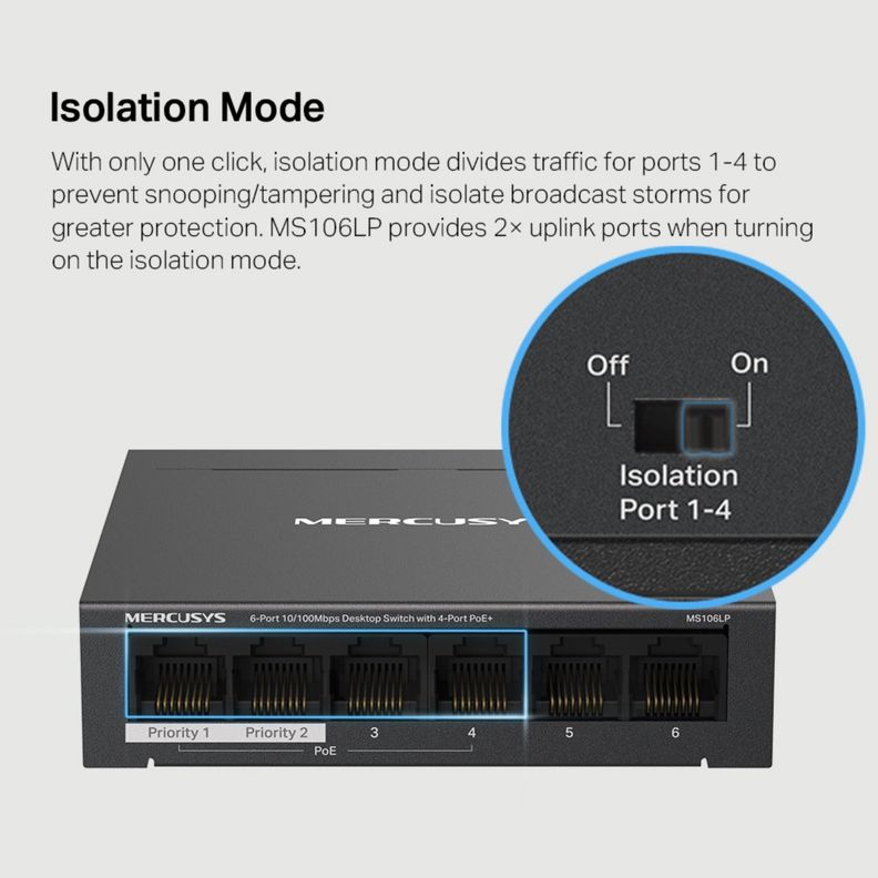 Switch 6 Puertos 4 PoE+ 2 Puertos 100Mbps MS106LP-3
