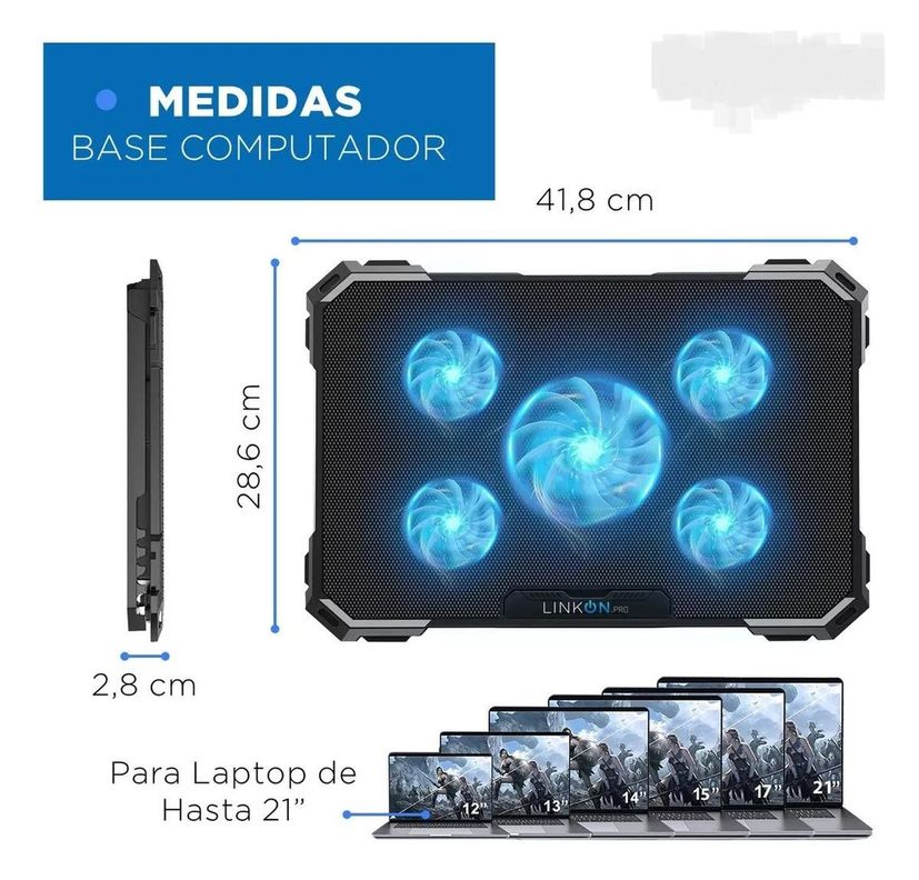 Base Cooler 5 Ventiladores Enfriador Notebook Luz 2 Usb-0