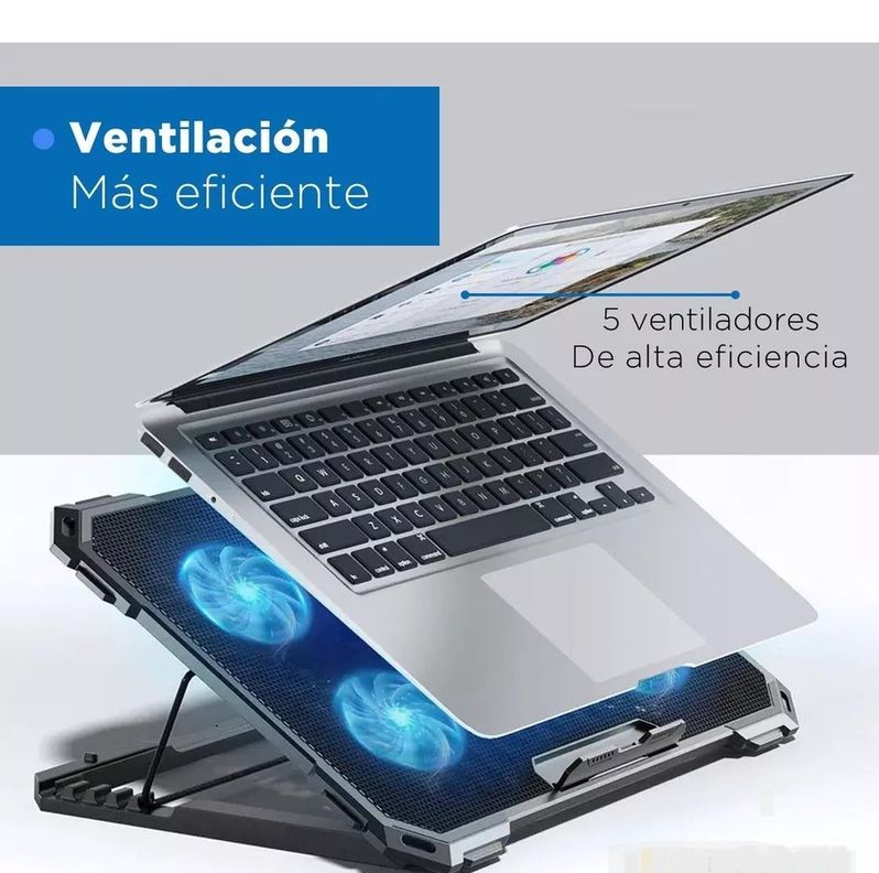 Base Cooler 5 Ventiladores Enfriador Notebook Luz 2 Usb-3