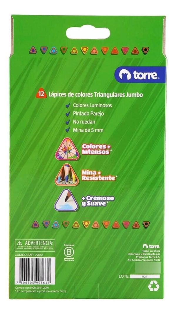 Lápices De 12 Colores Triangulares Jumbo + Sacapunta. Torre-1