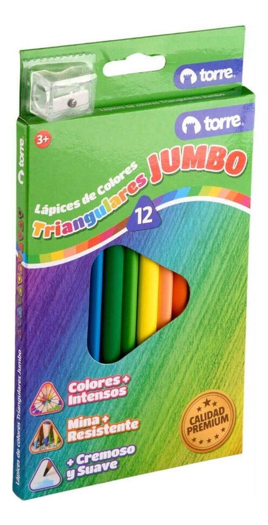 Lápices De 12 Colores Triangulares Jumbo + Sacapunta. Torre-2
