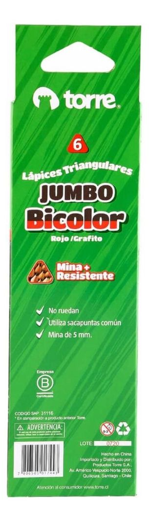 Lápices Bicolor Jumbo Grafito-rojo O Azul-rojo. 6unid. Torre-1