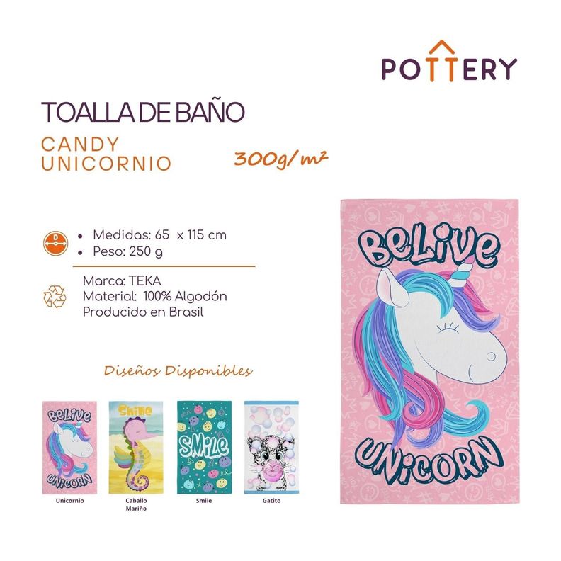 Toalla de Baño Candy Unicornio - 65 x 115cm - 300 g/m² - 100% Algodón - Teka-1