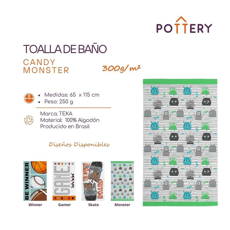 Toalla de Baño Candy Monster - 65 x 115cm - 300 g/m² - 100% Algodón - Teka-1