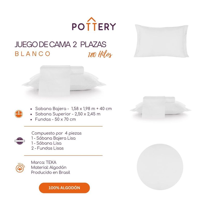 Juego de Sábanas 4 Piezas Florencia Blanco, 2 plazas - 180 hilos en 100% Algodón-2