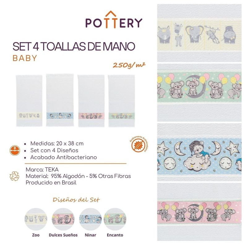 Set 4 Toallas de Mano Antimicrobiano para Bebés - 250 g/m² - Teka-1