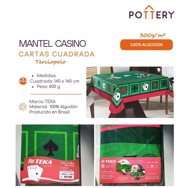 Mantel Cuadrada Casino Naipes - 100% Algodón Terciopelo - Teka-2