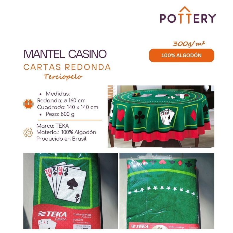Mantel Redonda Casino Naipes - 100% Algodón Terciopelo - Teka-2