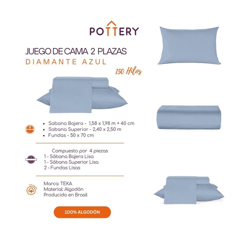 Juego de Sábanas 4 Piezas Diamante AZUL, 2 plazas - 150 hilos en 100% Algodón-2