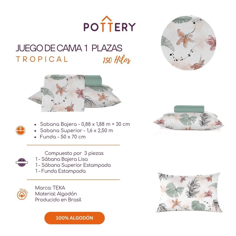 Juego de Sábanas 3 Piezas Diamante TROPICAL, 1 plaza - 150 hilos en 100% Algodón-2