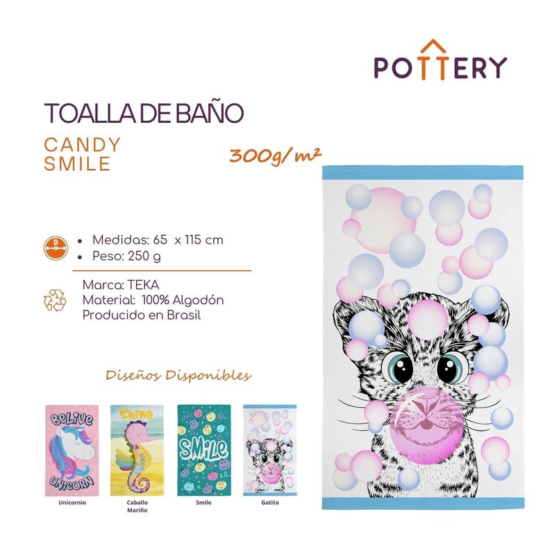 Toalla de Baño Candy Gatito - 65 x 115cm - 300 g/m² - 100% Algodón - Teka-1