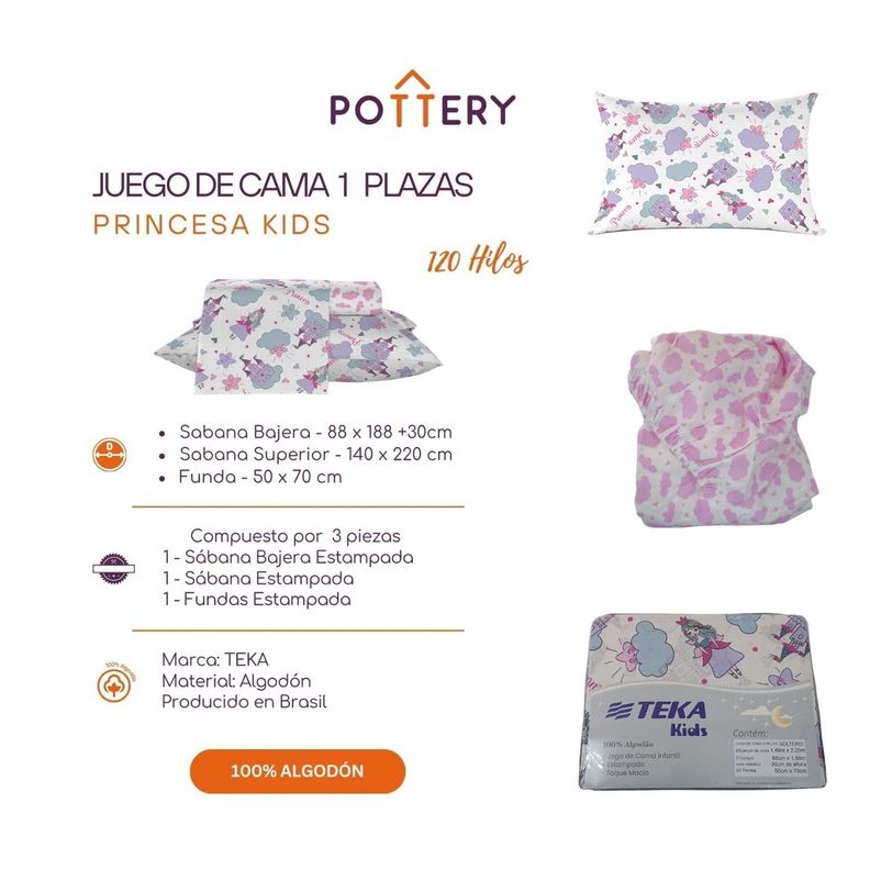 Juego de Sábana Kids Princesa 1 Plaza - 120 Hilos - 100% Algodón - Teka-2