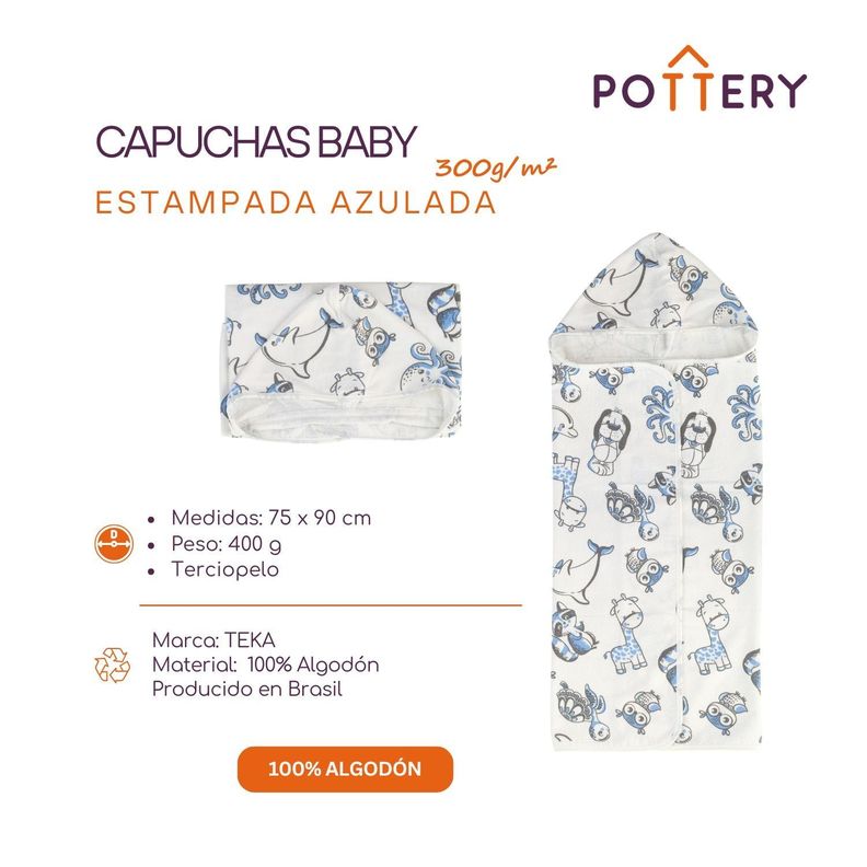 Toalla Capucha De Algodón Estampada Bichos Azules - 75 x 90cm - 300 g/m²-2