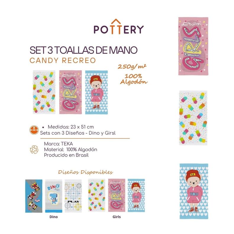 Pack 3 Toallas de Mano Preescolar GIRLS CANDY-1