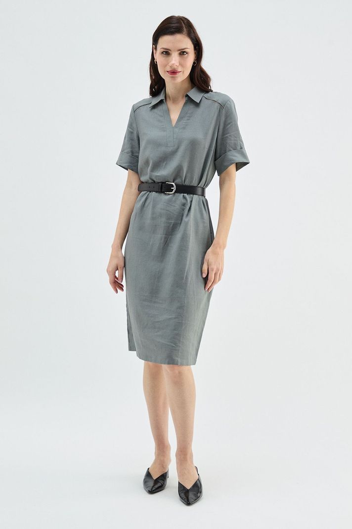 Vestido Lino Cuello Camisero Verde Ma Griffe 13002224058126-0