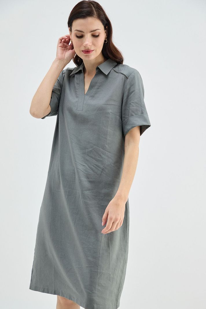 Vestido Lino Cuello Camisero Verde Ma Griffe 13002224058126-2