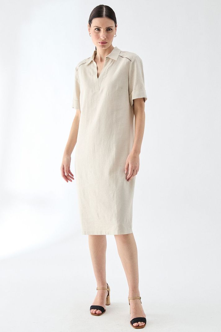 Vestido Lino Cuello Camisero Beige Ma Griffe 13002224058106-0