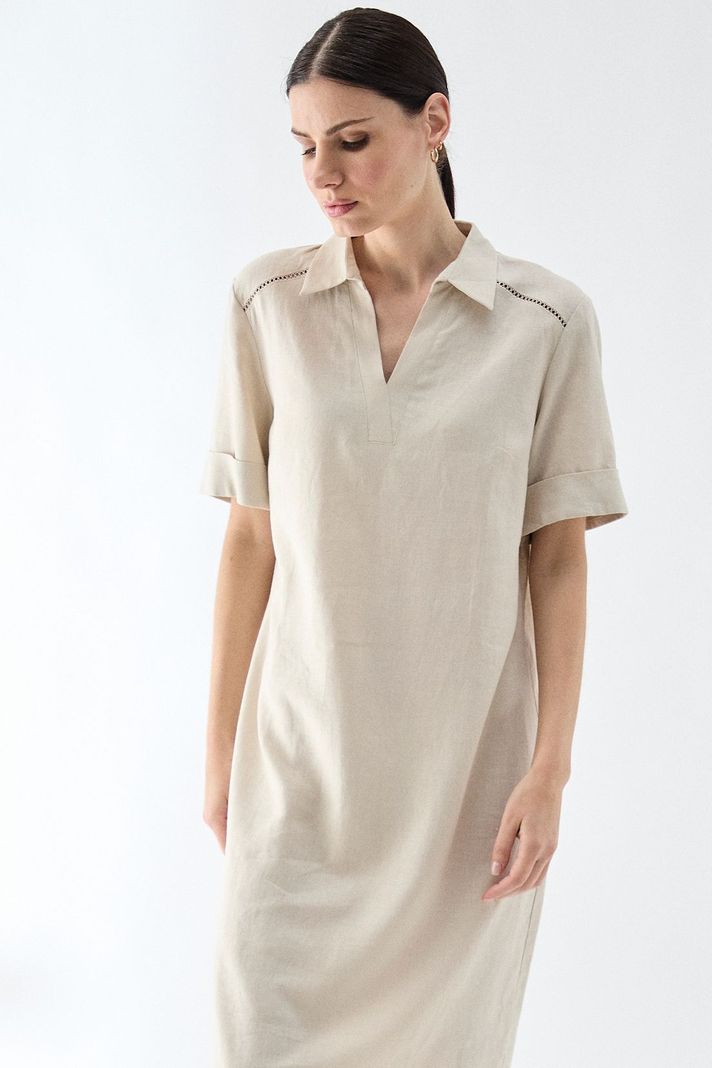 Vestido Lino Cuello Camisero Beige Ma Griffe 13002224058106-1