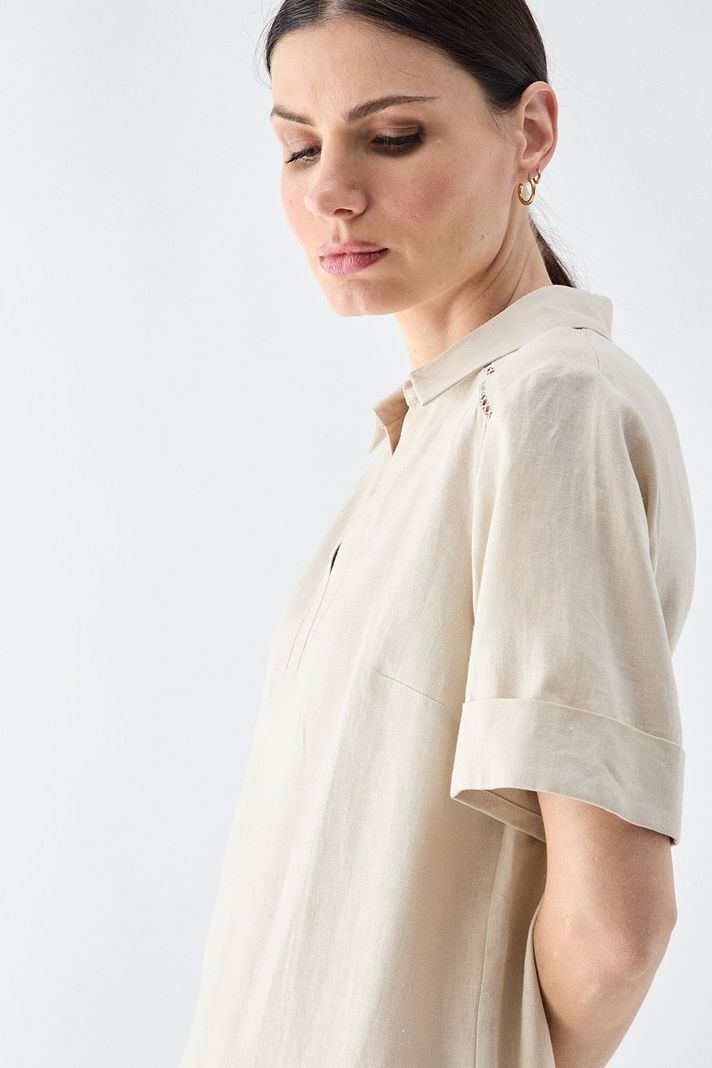 Vestido Lino Cuello Camisero Beige Ma Griffe 13002224058106-3