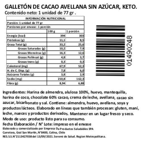 Galletón Chocolate Avellana sin Azúcar, Keto, 1 Un, Marca Tremus-1