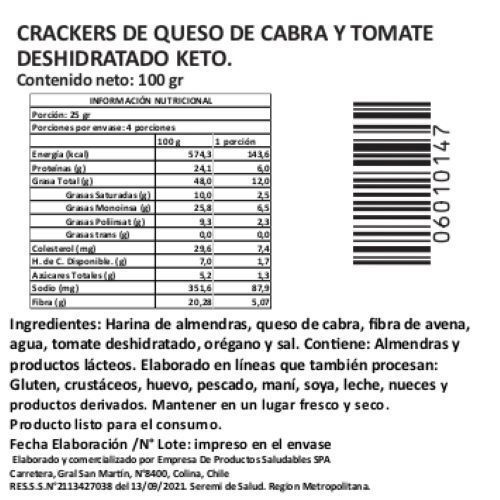 Crackers Queso de Cabra, Tomate Deshidratado, Keto, 100 gr, Marca Tremus-1