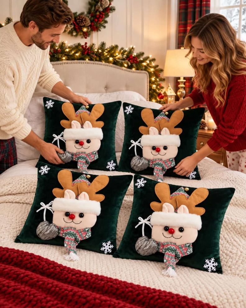 Pack de 4 Fundas para Cojín Navideñas 45x45 cm Colección Premium en Relieve 3D