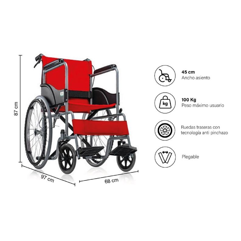 Silla de Ruedas Standard Plegable Rojo-1