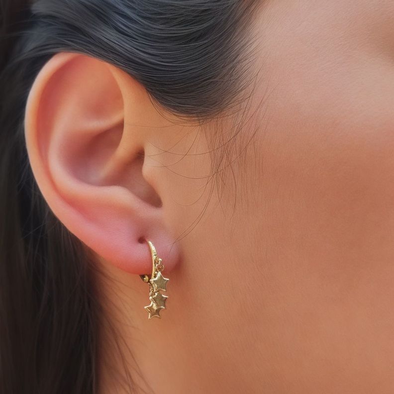 Aros Argollas Tres Estrellas Enchapado Oro 18K-2