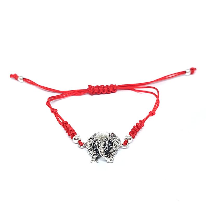 Pulsera Elefante Plata Fina 925 Envejecida Cordón Rojo-0