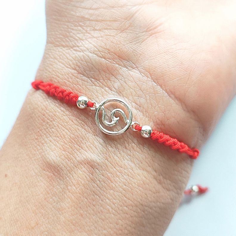 Pulsera Ola Plata Fina 925 Cordón Rojo-1