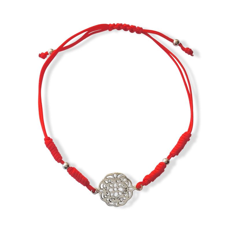 Pulsera Mandala Plata Fina 925 Cordón Rojo-0