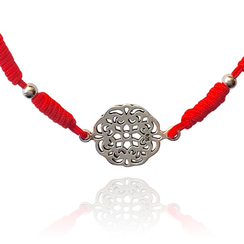 Pulsera Mandala Plata Fina 925 Cordón Rojo-1