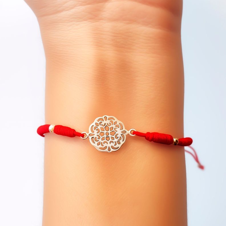 Pulsera Mandala Plata Fina 925 Cordón Rojo-2