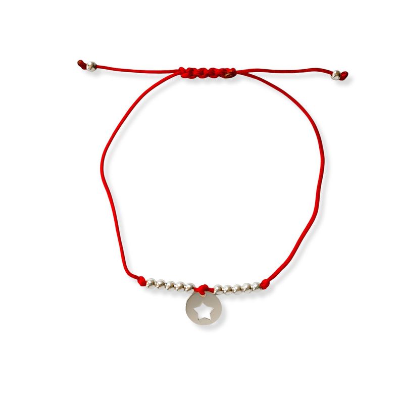 Pulsera Círculo Estrella Bolitas Plata Fina 925 Cordón Rojo-0