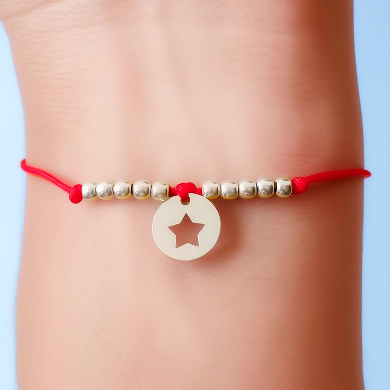 Pulsera Círculo Estrella Bolitas Plata Fina 925 Cordón Rojo-2