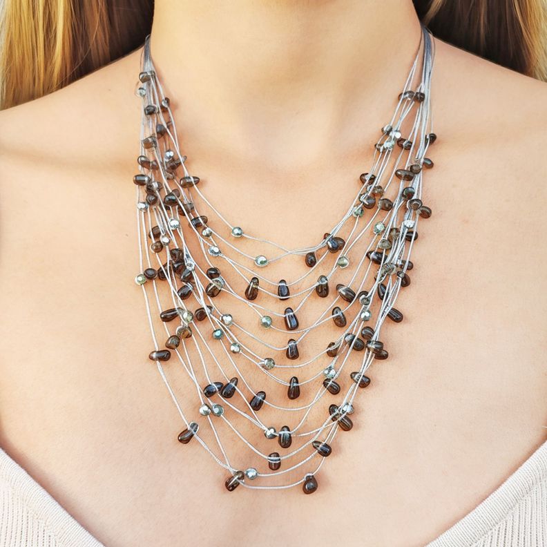 Collar Cuarzo Fumé Hilo Seda Plateado-2