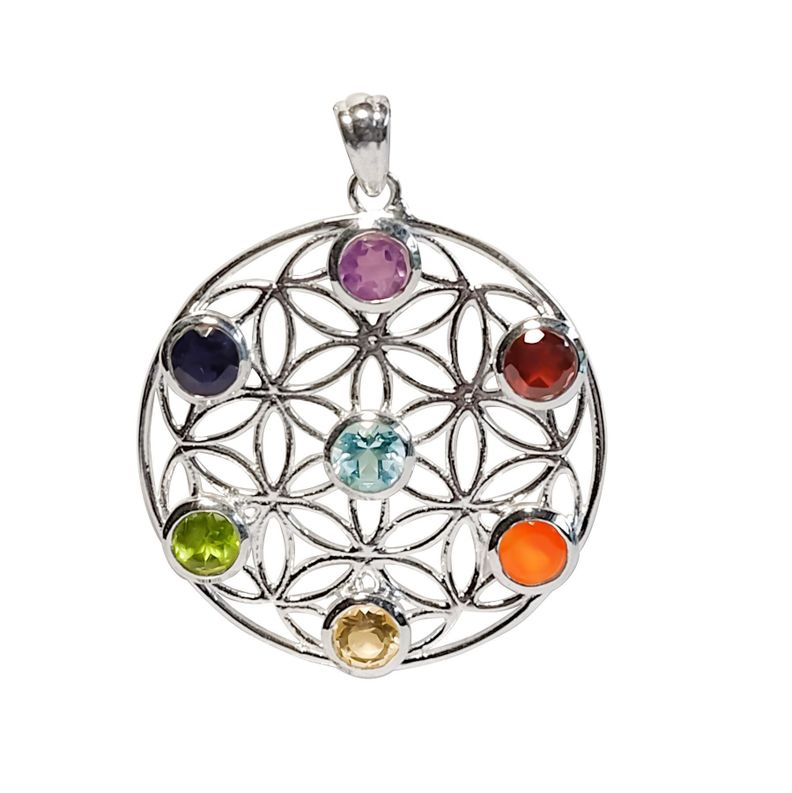 Colgante Flor de la Vida y 7 Chakras Piedras Naturales Plata Fina 925-0