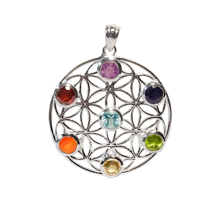 Colgante Flor de la Vida y 7 Chakras Piedras Naturales Plata Fina 925-1