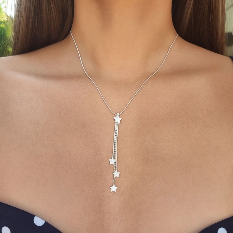 Collar Estrellas Colgantes Cadena Cola De Topo Plata Fina 925-2