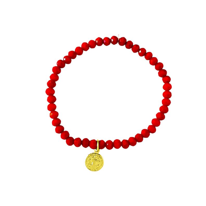 Pulsera San Benito Cristal Rojo Enchapado Oro 18K-0