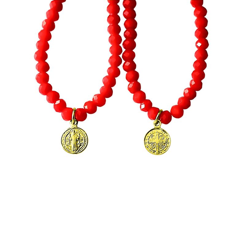 Pulsera San Benito Cristal Rojo Enchapado Oro 18K-2