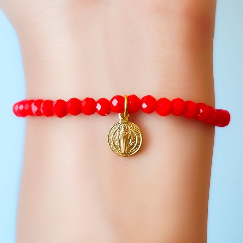 Pulsera San Benito Cristal Rojo Enchapado Oro 18K-3