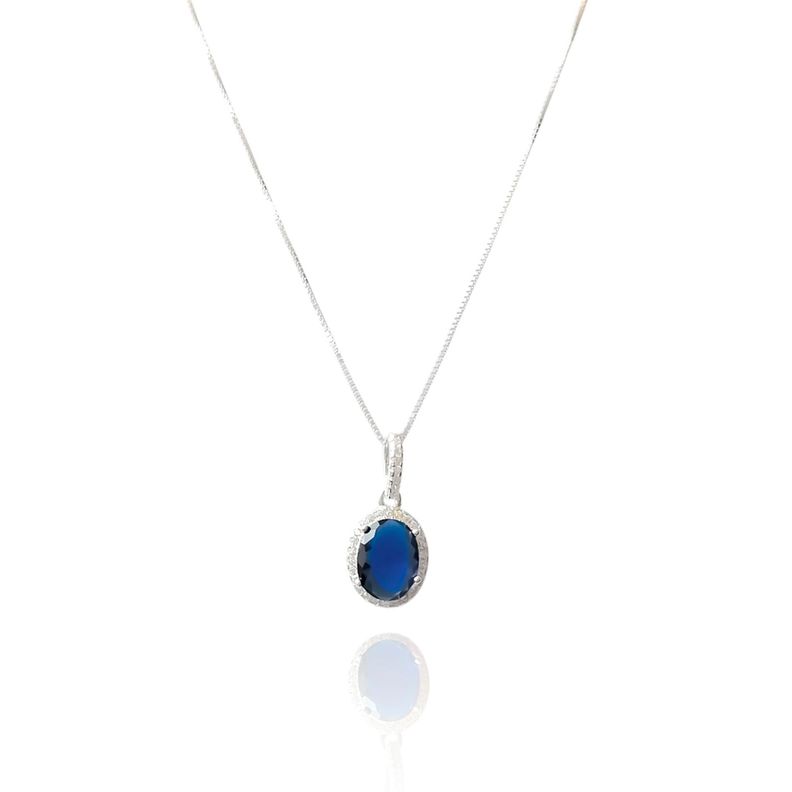 Collar Lady Circón Óvalo Azul Blanco Plata Fina 925-0