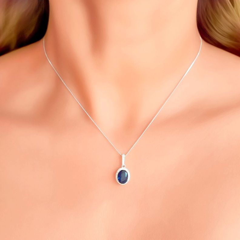 Collar Lady Circón Óvalo Azul Blanco Plata Fina 925-3
