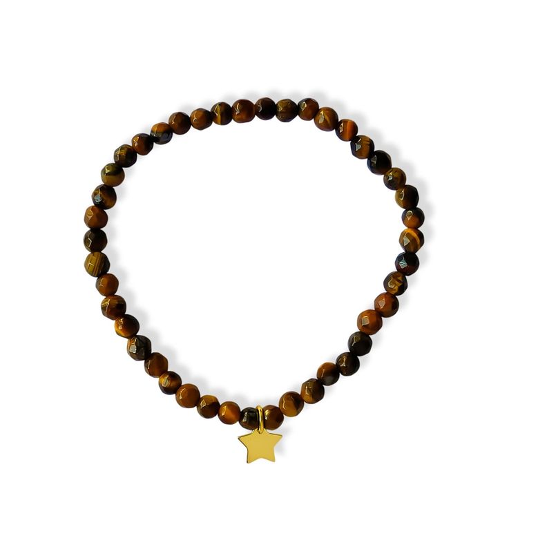 Pulsera Ojo De Tigre 4mm Estrella Enchapado Oro 18K Elásticada-0