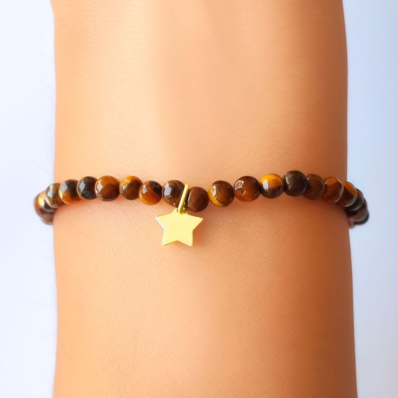 Pulsera Ojo De Tigre 4mm Estrella Enchapado Oro 18K Elásticada-2