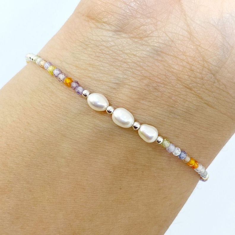 Pulsera Cristales Colores Perla de Río Plata Fina 925-1