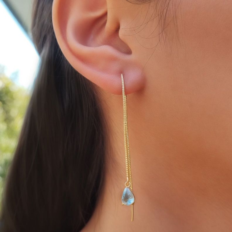 Aros Cadena Colgante Gota Celeste Enchapado Oro 18K-1