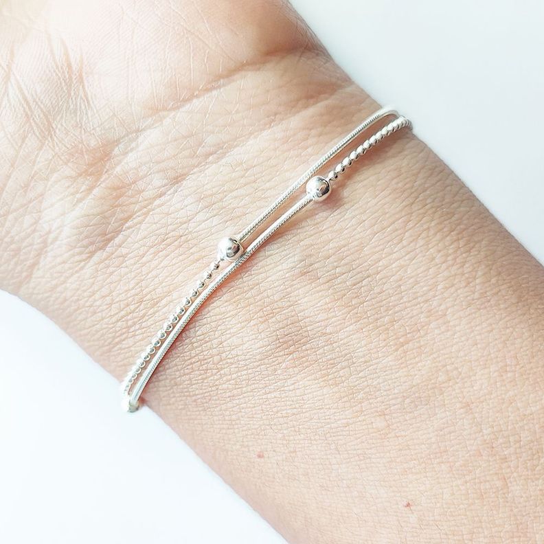 Pulsera Doble Pelotitas Plata Fina 925-1
